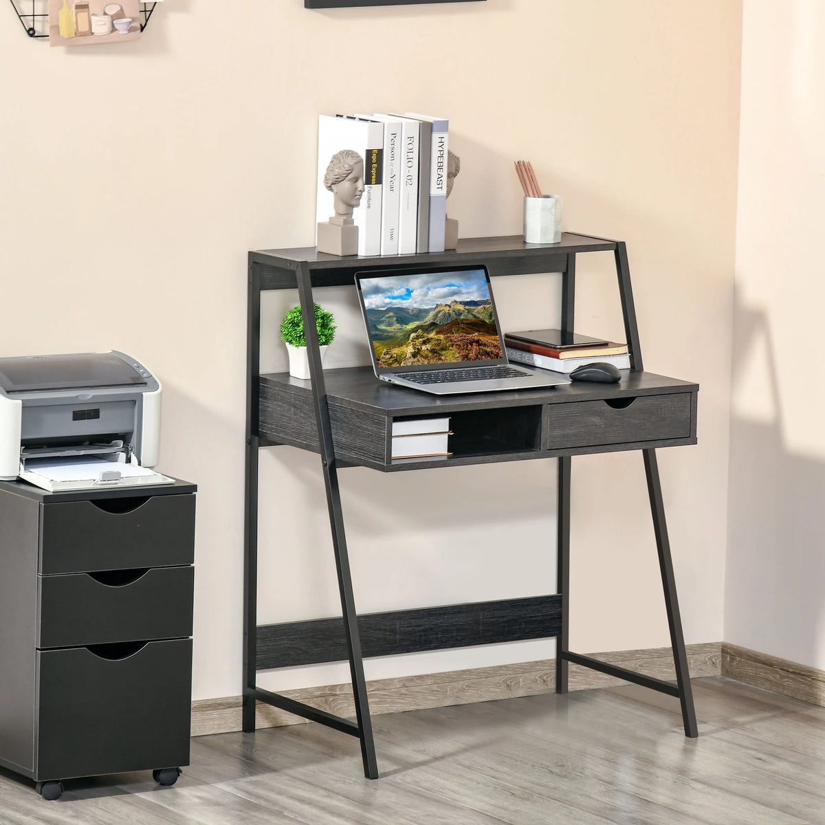 Grey Computer Desk with Drawer and Storage Shelves U305