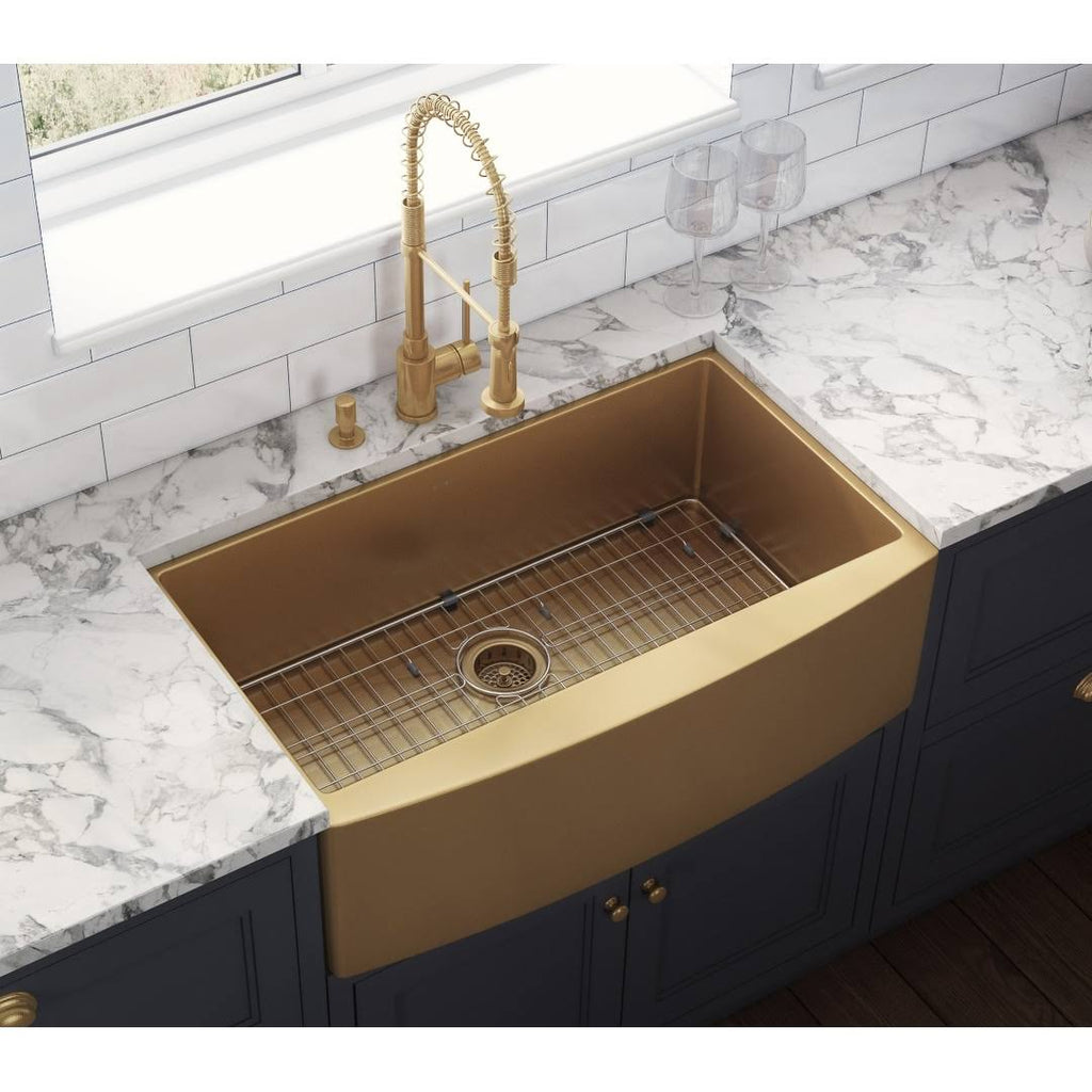 30-Inch Apron-Front Farmhouse Kitchen Sink Brass Tone Matte Gold Stainless Steel Single Bowl T955322
