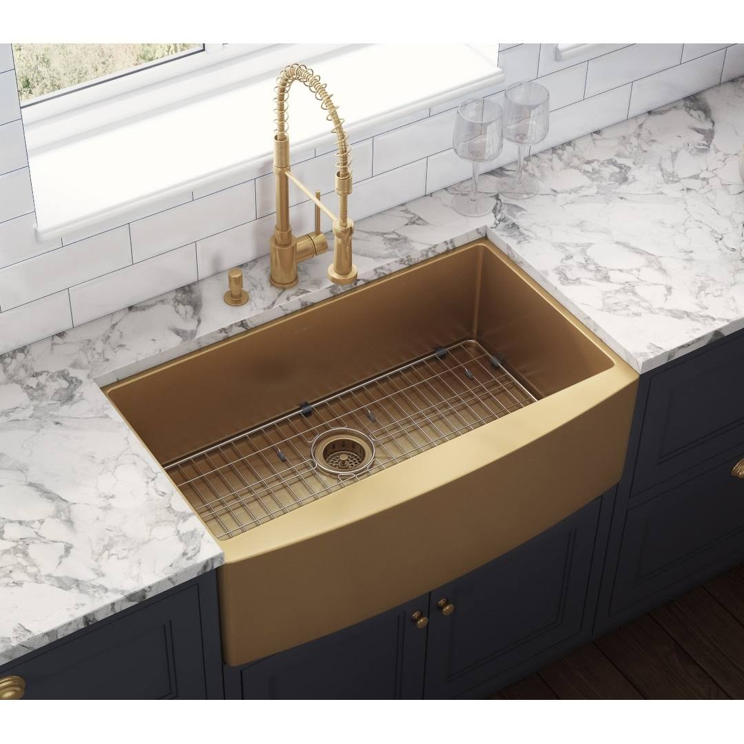 30-Inch Apron-Front Farmhouse Kitchen Sink Brass Tone Matte Gold Stainless Steel Single Bowl T955322