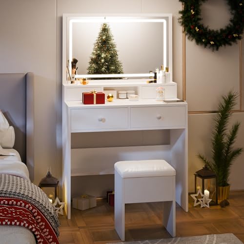 White Makeup Vanity with Lighted Mirror and Charging Station V161651