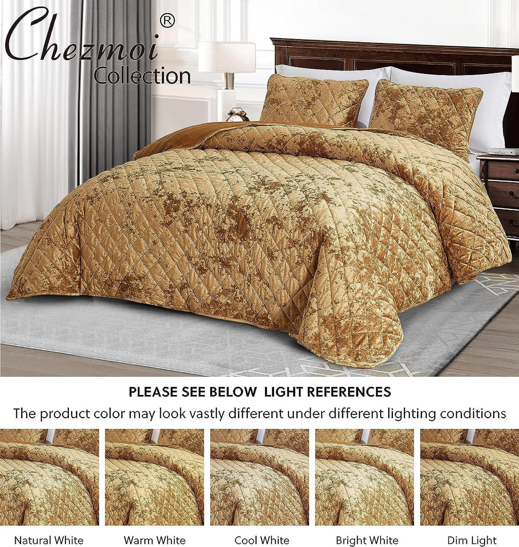 King Size 3-Piece Velvet Quilt Set with Diamond Stitch Quilting R13091