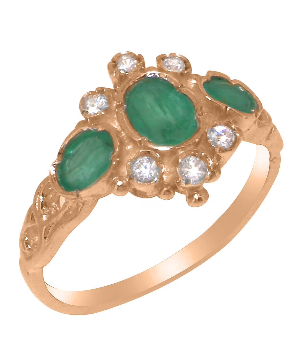 14k Rose Gold Natural Emerald & Diamond Ring C2043