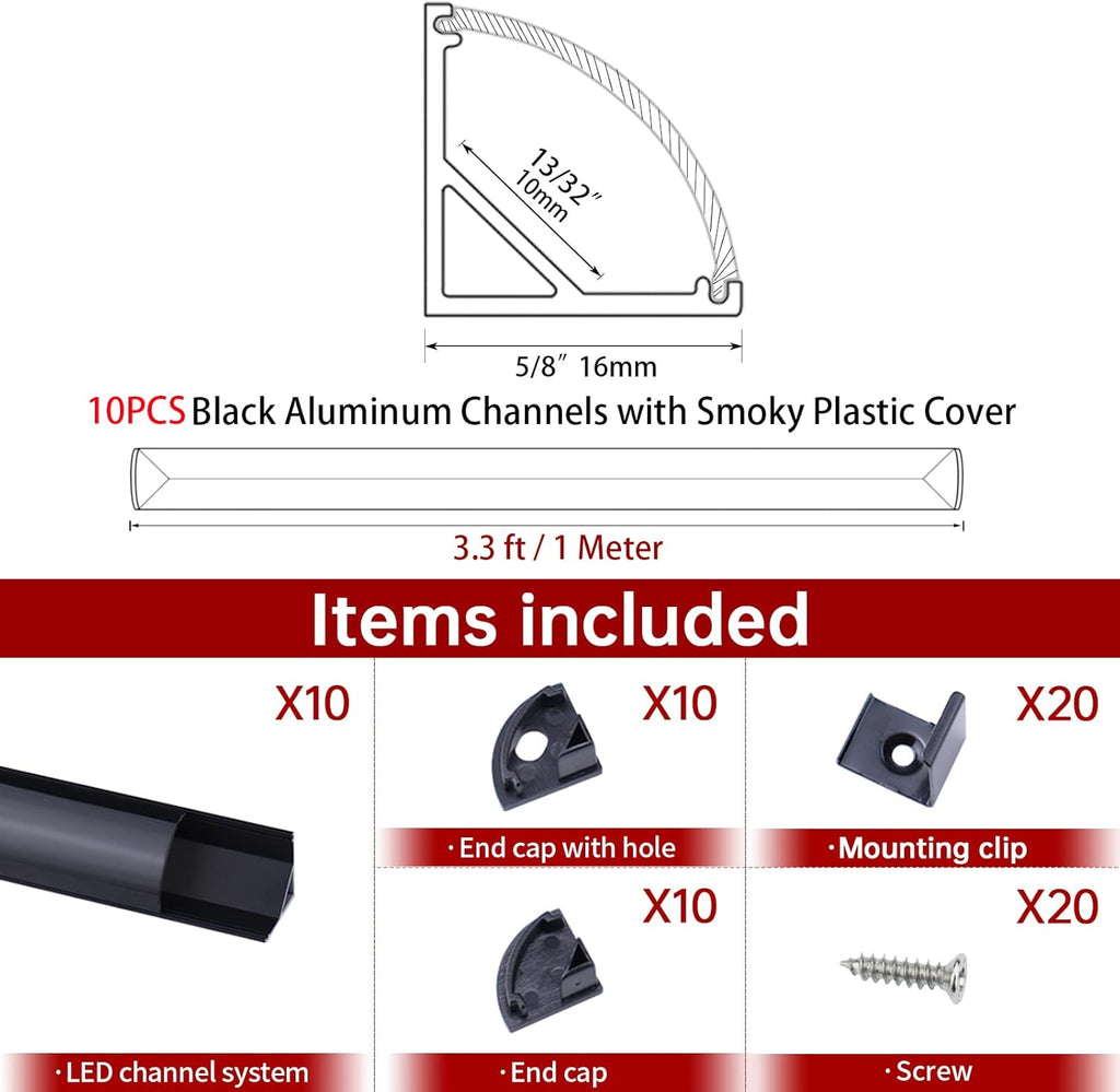 10 Pack 6.6FT Black Aluminum LED Channel System with Clear Cover Lens B560