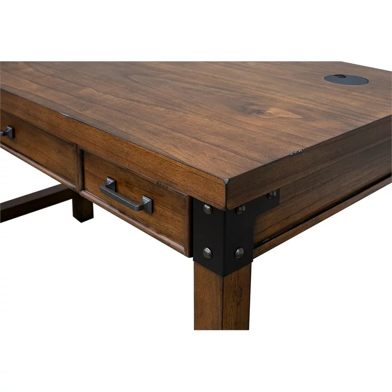 Rustic Wood Writing Desk with Power Center Brown R8395