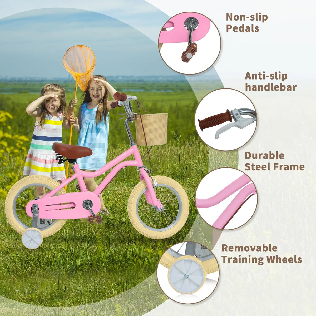16 Inch Kids Bike with Handbrake Basket Training Wheels Yellow V585535