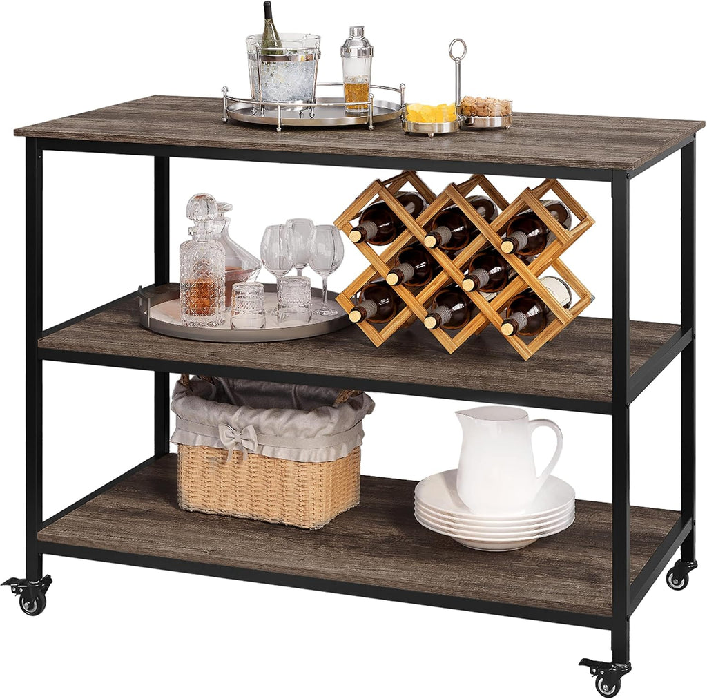3-Tier Kitchen Island Rolling Cart with Shelves, Lockable Wheels, Rustic Brown S2132