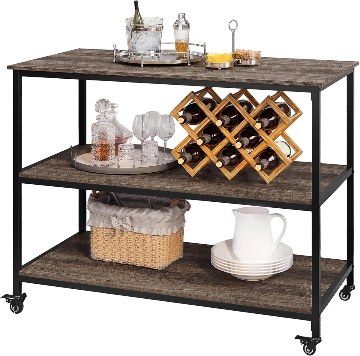3-Tier Kitchen Island Rolling Cart with Shelves, Lockable Wheels, Rustic Brown S2132