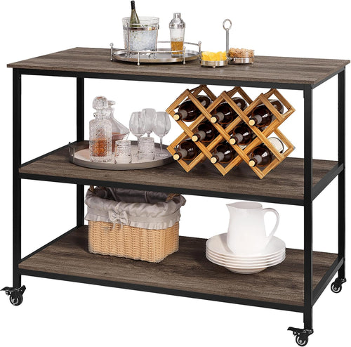 3-Tier Kitchen Island Rolling Cart with Shelves, Lockable Wheels, Rustic Brown S2132