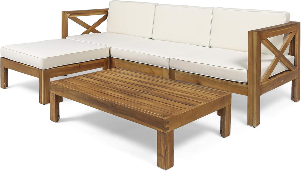 Teak Finish Beige 5 Piece Outdoor Acacia Wood Sofa Set I10310