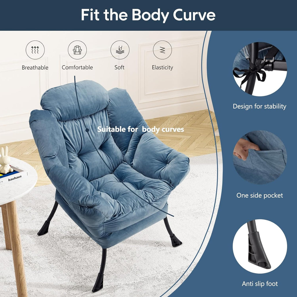 Blue Velvet Lounge Chair with Steel Frame and Side Pocket B944227
