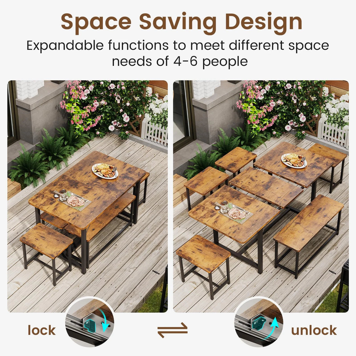 63" Extendable Dining Table Set with Stools I74885