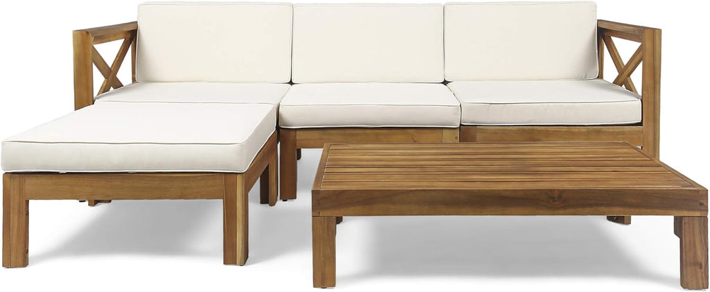 Teak Finish Beige 5 Piece Outdoor Acacia Wood Sofa Set I10310