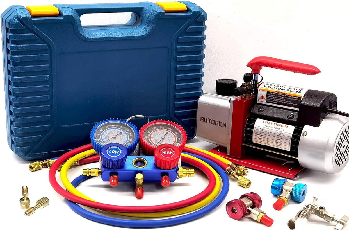 110V 1/4 HP 4CFM Single Stage Rotary Vane Air Vacuum Pump with AC Manifold Gauge Set Kit S623
