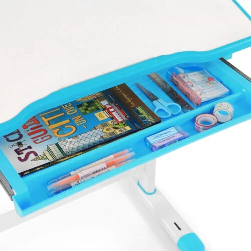 Blue Height Adjustable Kids Study Desk & Chair Set with LED Lamp, Drawer, Bookstand, Chair Cover J69900
