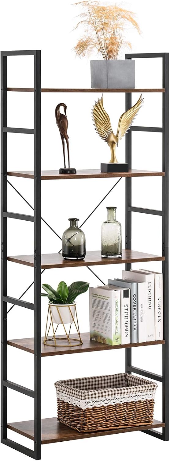 5 Tier Tall Bookshelf Bookcase, Brown Y934199