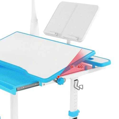 Blue Height Adjustable Kids Study Desk & Chair Set with LED Lamp, Drawer, Bookstand, Chair Cover J69900