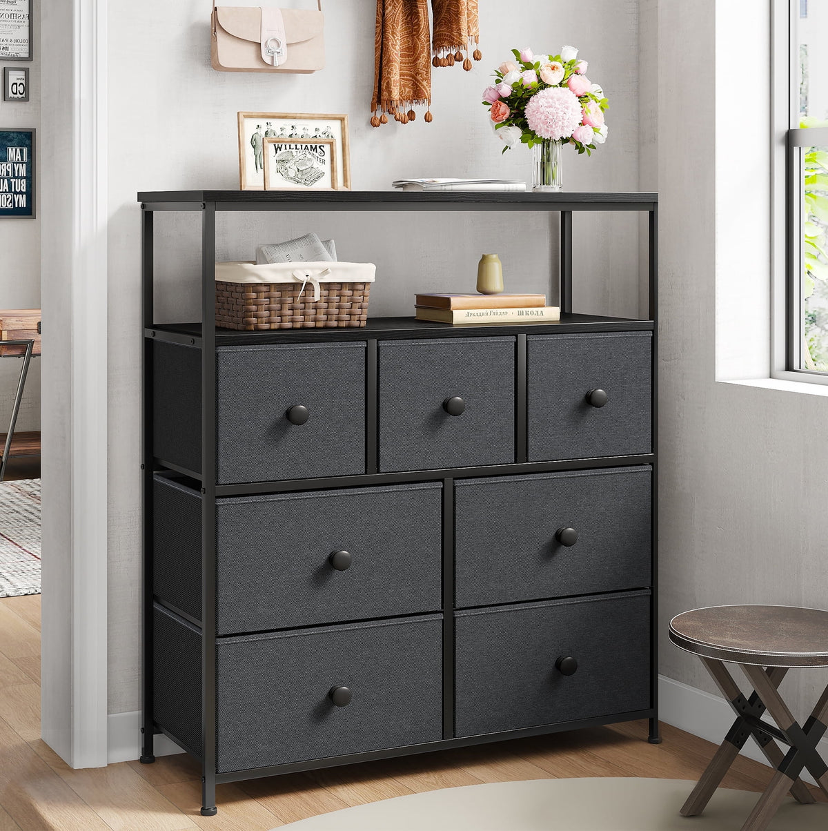 Pink 7 Drawer Fabric Dresser with Wood Shelves K84417