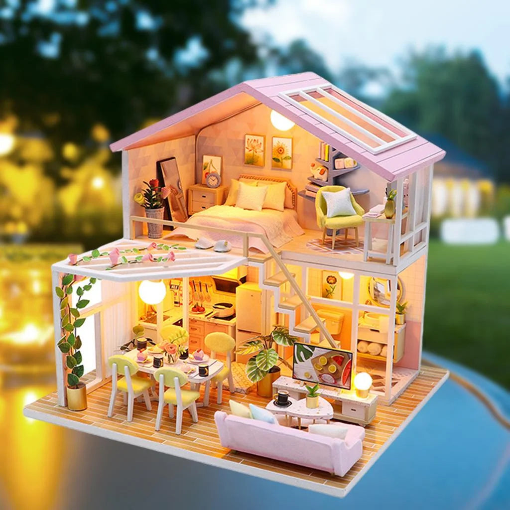 Wooden Doll House Building Puzzle with Furniture and LED Light I7474