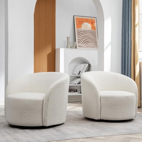 Cream Boucle Swivel Barrel Chair with Round Ottoman Set X614467