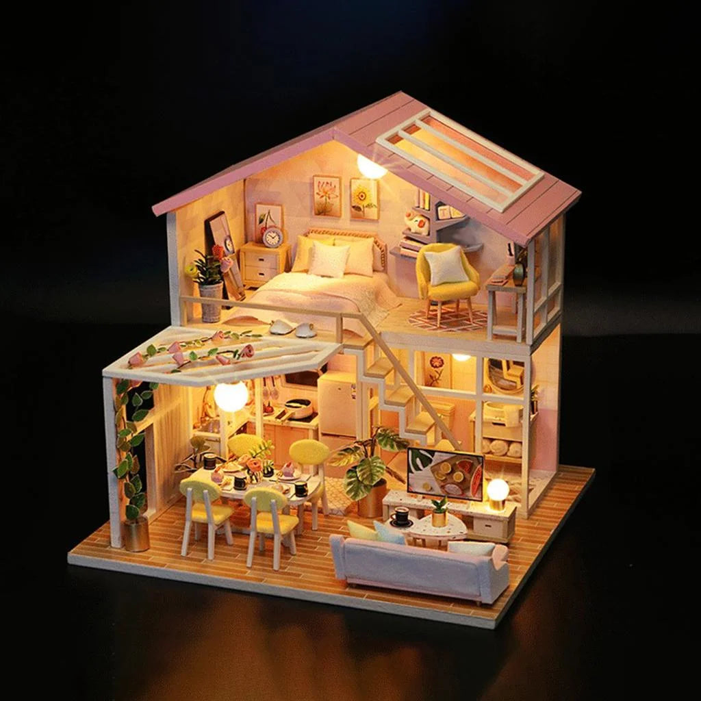 Wooden Doll House Building Puzzle with Furniture and LED Light I7474