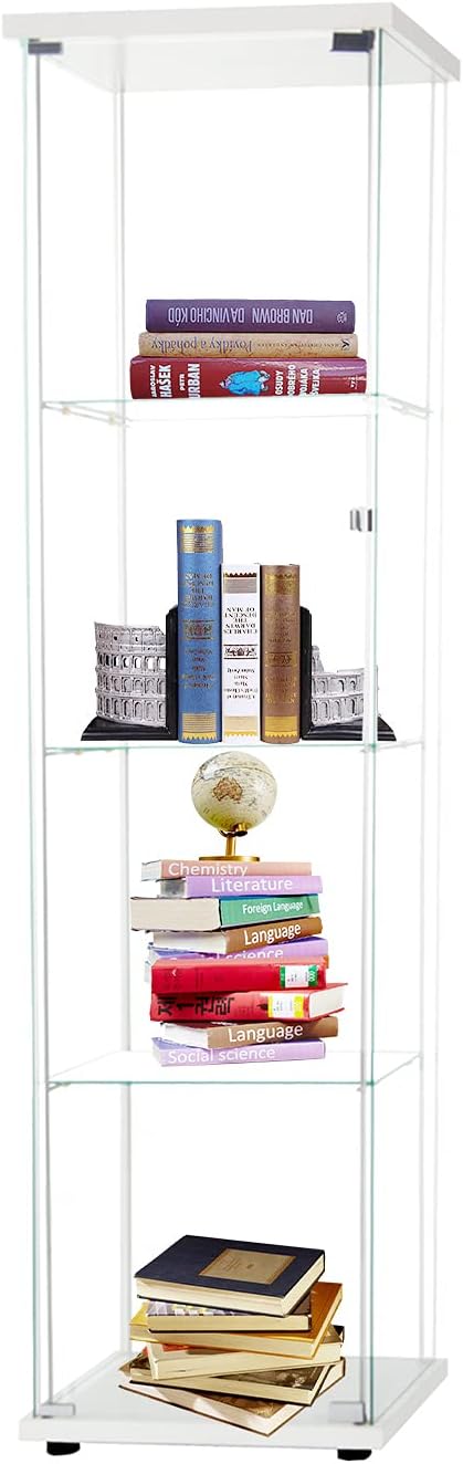 4-Shelf Glass Display Cabinet with Door, Tempered Glass Floor Standing Bookshelf Natural Wood V2150