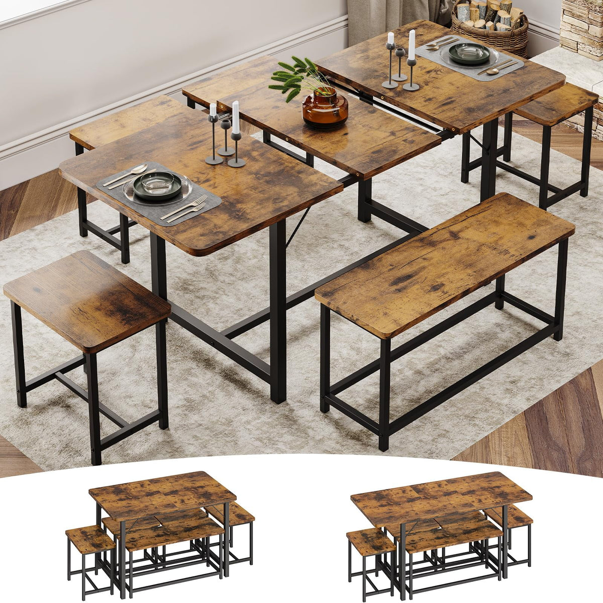63" Extendable Dining Table Set with Stools I74885