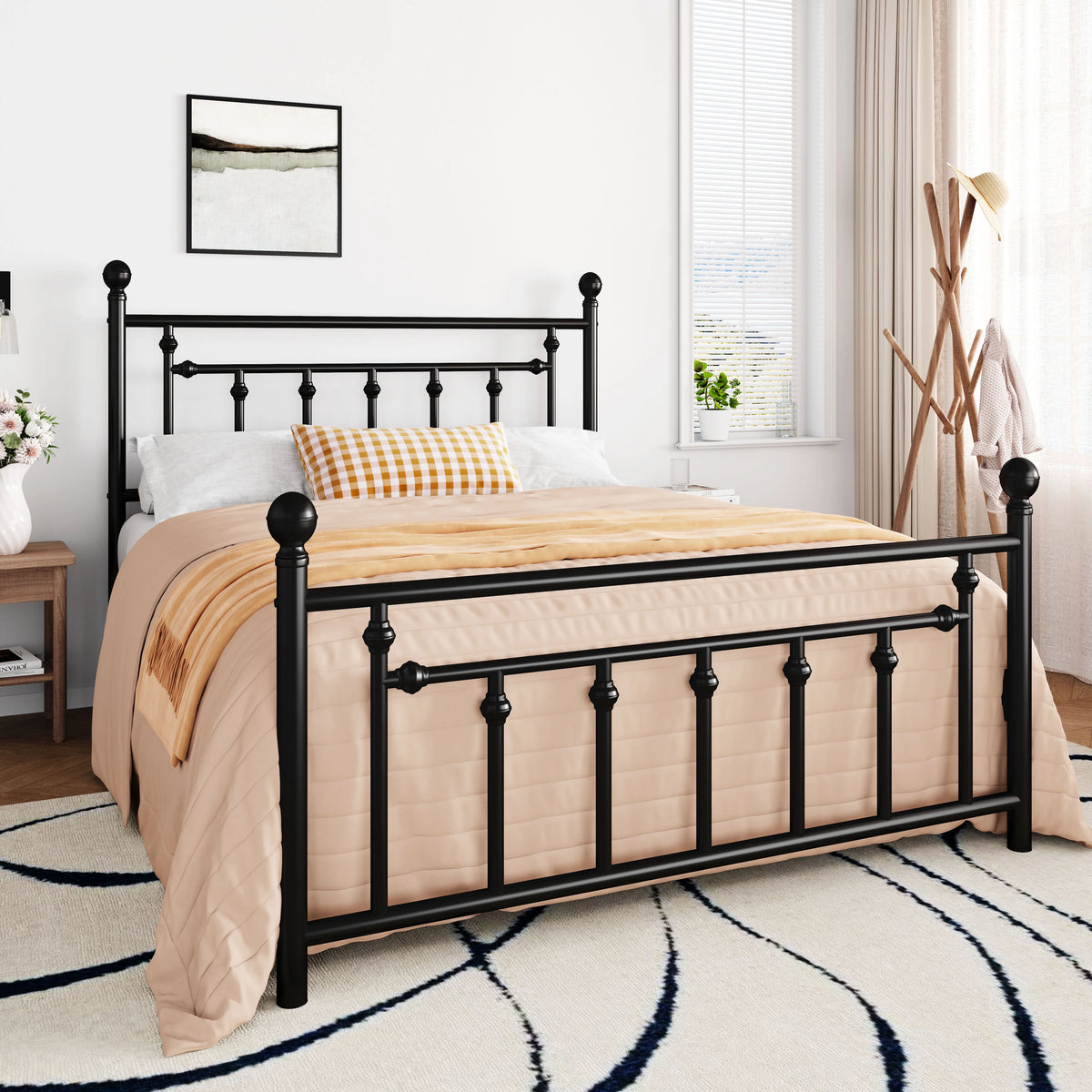 Full Size Black Metal Platform Bed Frame with Headboard and Footboard W4810