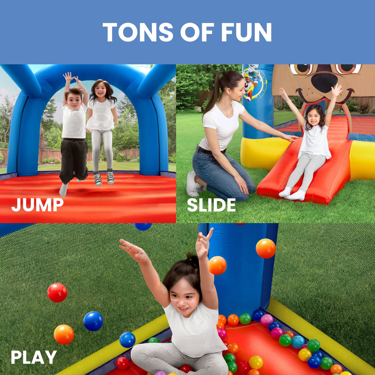 Inflatable Bounce House with Heavy Duty Blower, Ground Stakes, Repair Patches and Storage Bag A85202