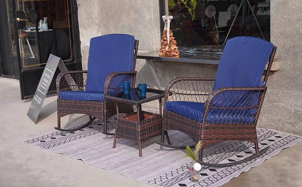 3 Pcs PE Wicker Rocking Bistro Set with Glass Table D260010