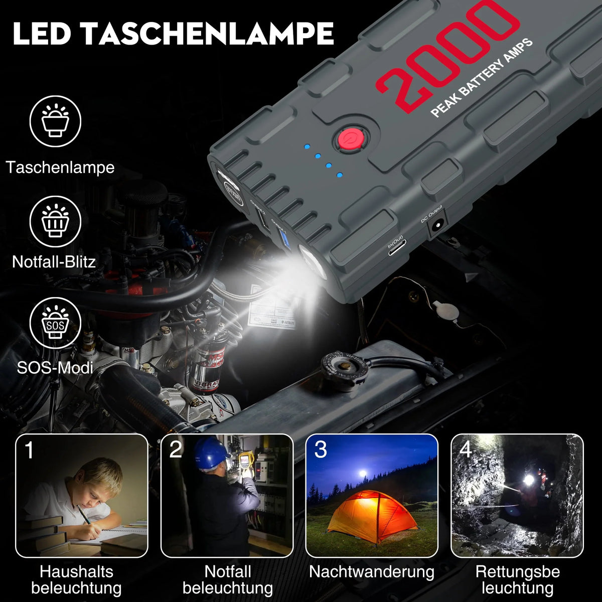 2000A Peak 18000mAh 12V Car Jump Starter with LED Light G800134