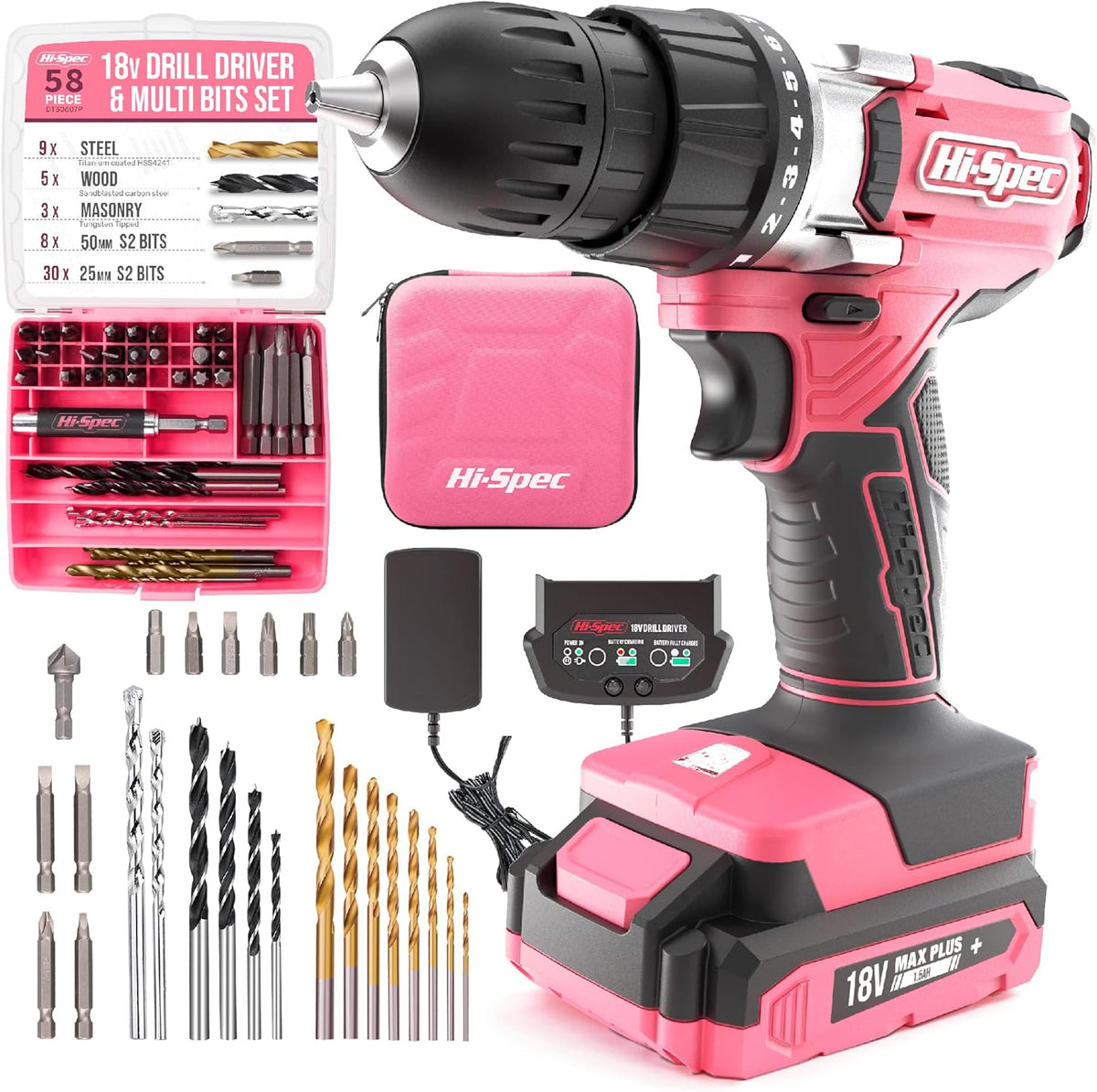 58 Piece 18V Pink Drill Driver & Multi Bit Set with S2 Steel Bit Set in Storage Zipper Case R50611