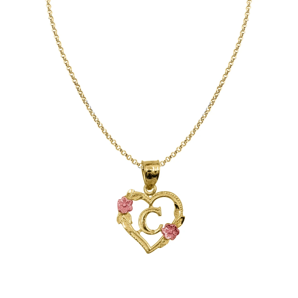 14K Two-Tone Gold Flower and Heart-shaped Initial 'C' Pendant with 18" Chain Necklace D784010
