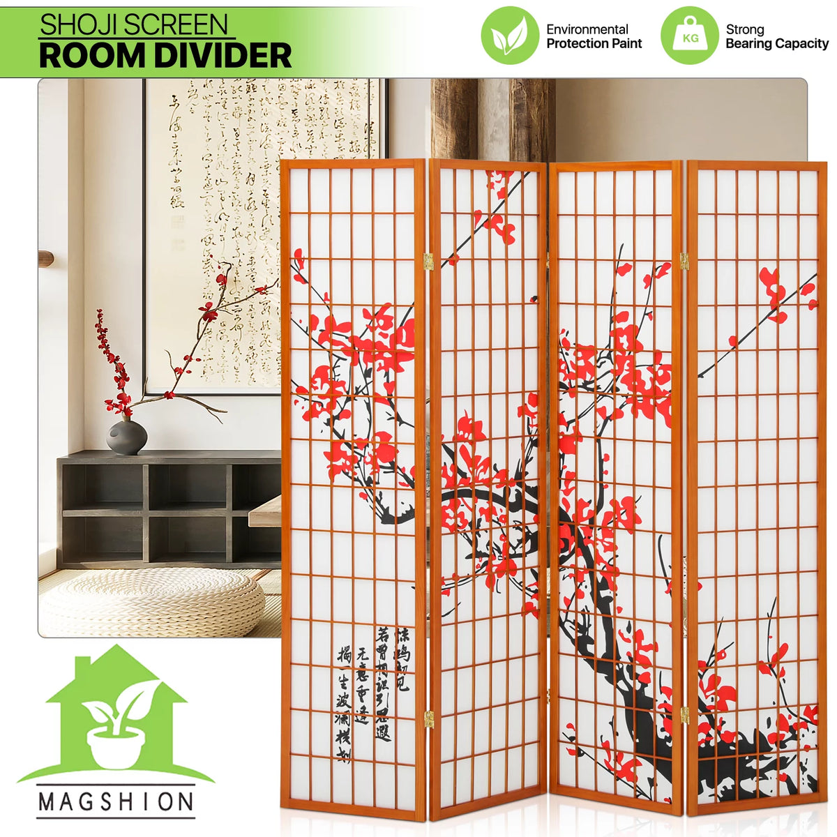 5.8 ft Tall 4 Panel Wood Room Divider D303