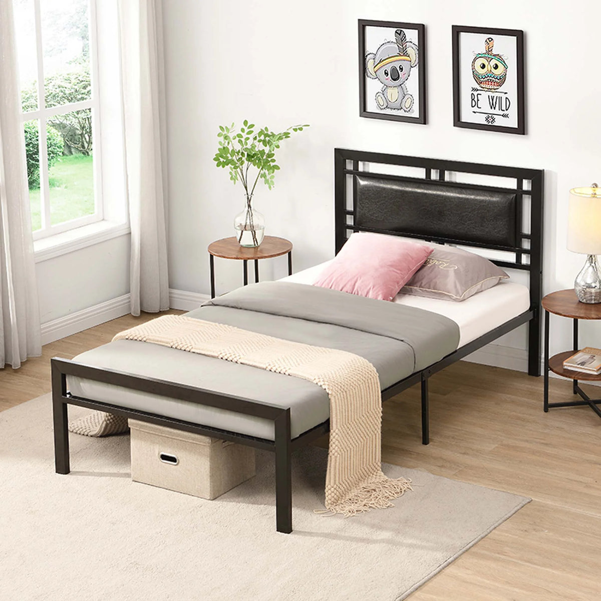 Black Metal Platform Twin Bed Frame with Headboard M359