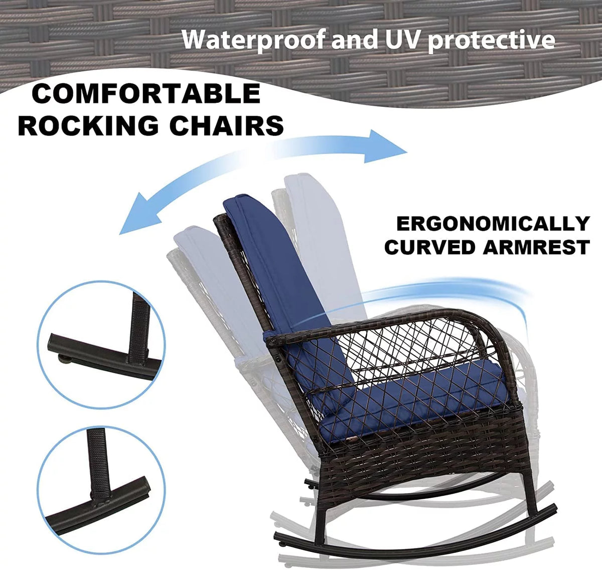 3 Pcs PE Wicker Rocking Bistro Set with Glass Table D260010