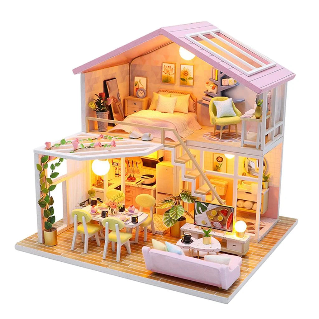 Wooden Doll House Building Puzzle with Furniture and LED Light I7474