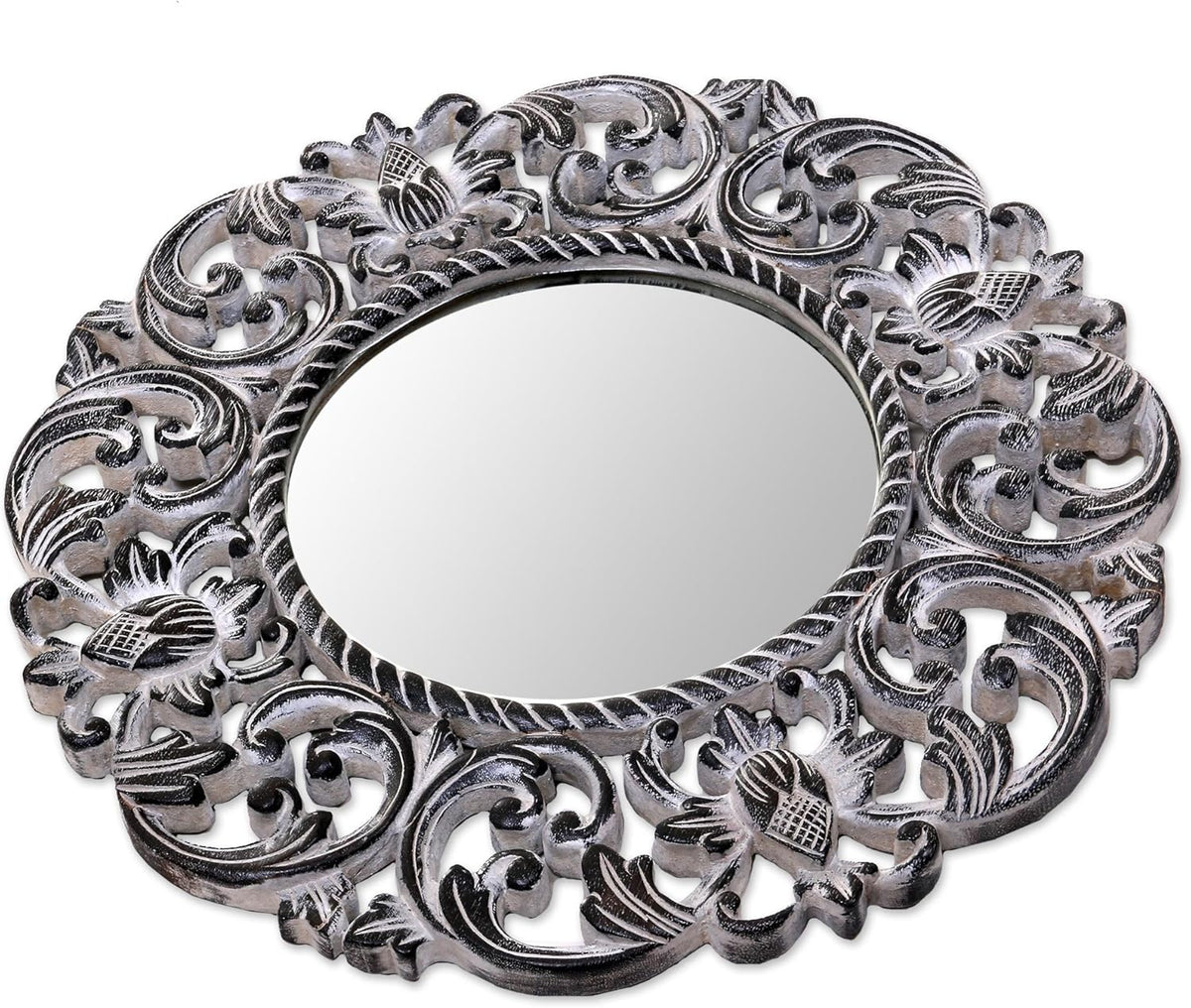 Black and White Floral Wood Wall Mounted Mirror U8055
