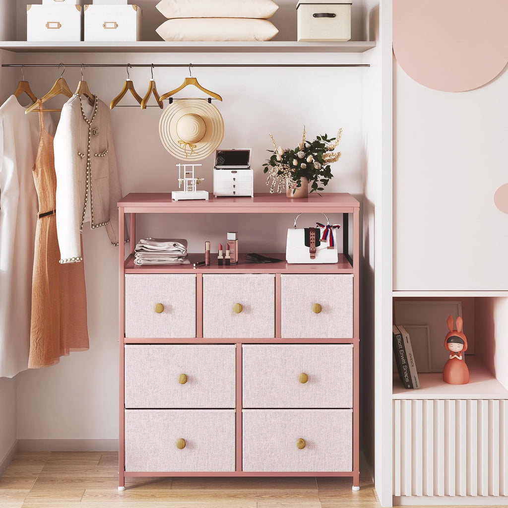 Pink 7 Drawer Fabric Dresser with Wood Shelves K84417