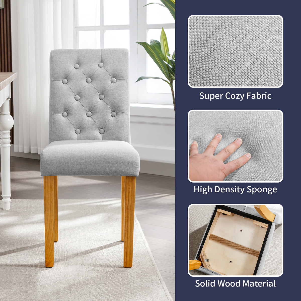 Light Grey Linen Upholstered Dining Chair Set of 4 with Solid Wood Frame T39853