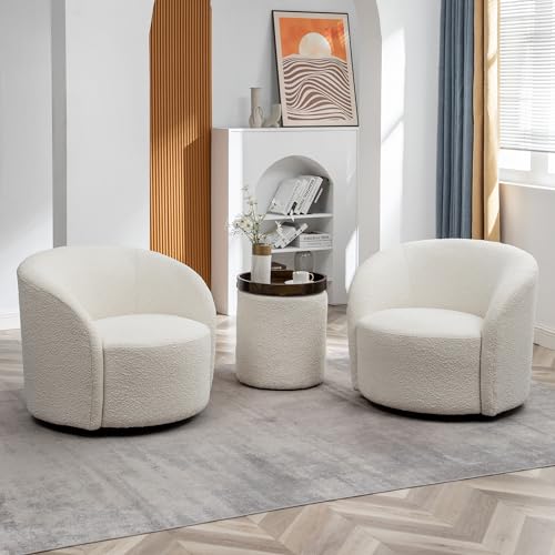 Cream Boucle Swivel Barrel Chair with Round Ottoman Set X614467