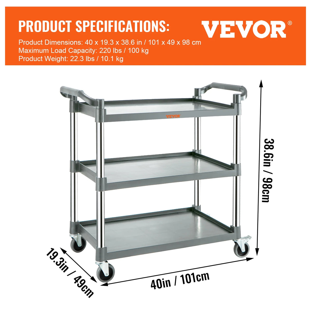 3-Tier Utility Service Cart with Wheels 220lbs Capacity U5371