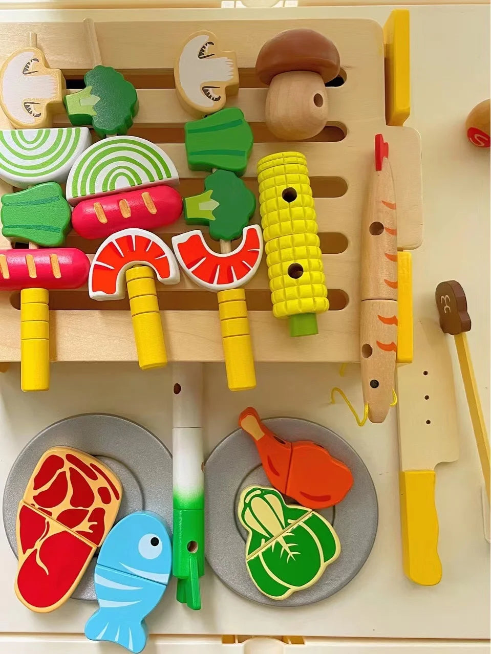 Wooden Grill BBQ Food Set Pretend Play Toy X59794
