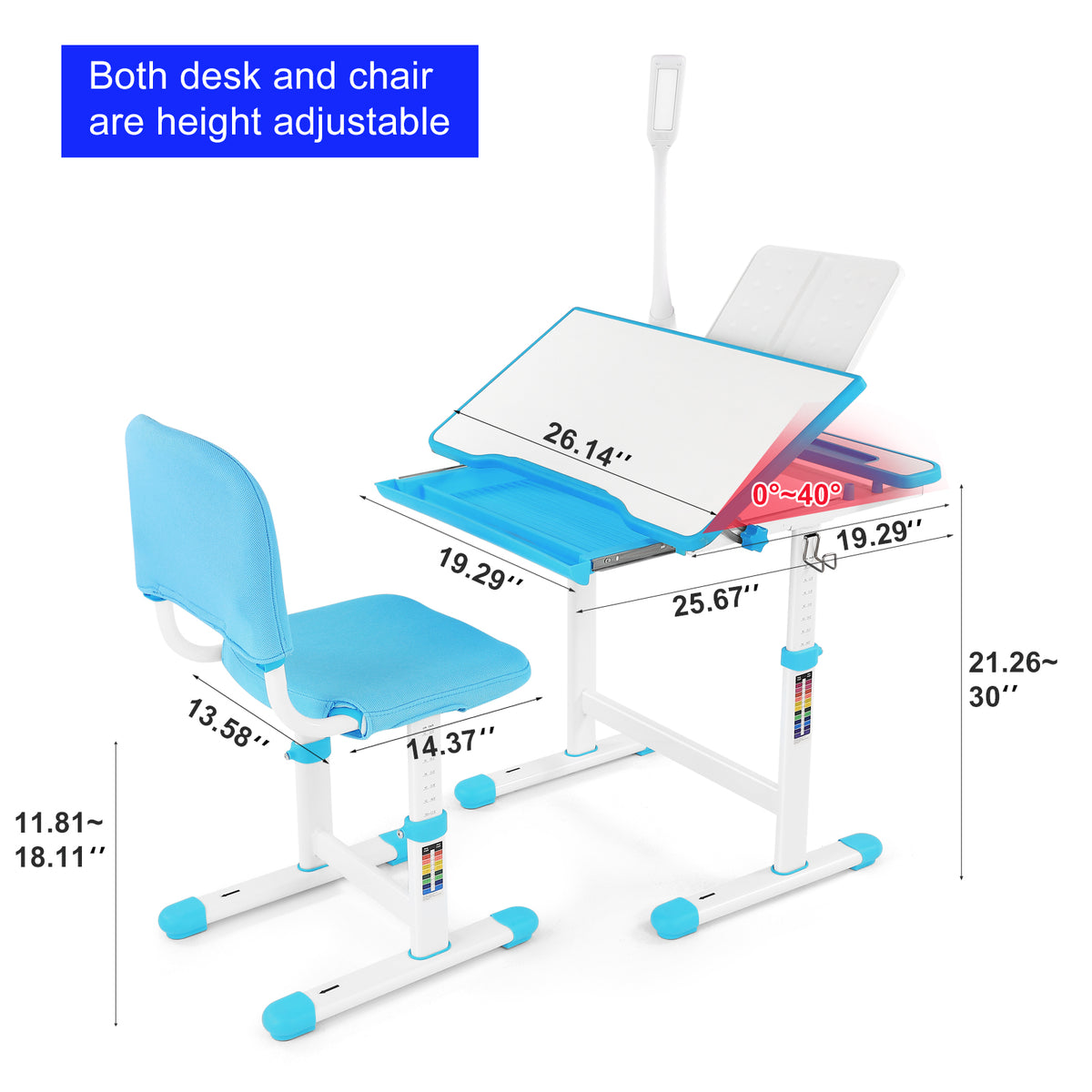 Blue Height Adjustable Kids Study Desk & Chair Set with LED Lamp, Drawer, Bookstand, Chair Cover J69900