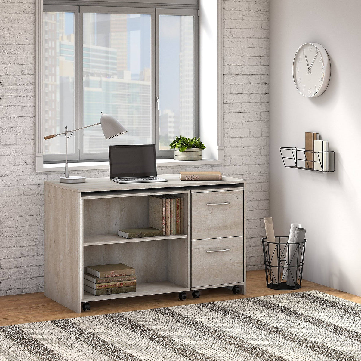 Washed Gray Small Desk with Mobile File Cabinet and Bookcase A316