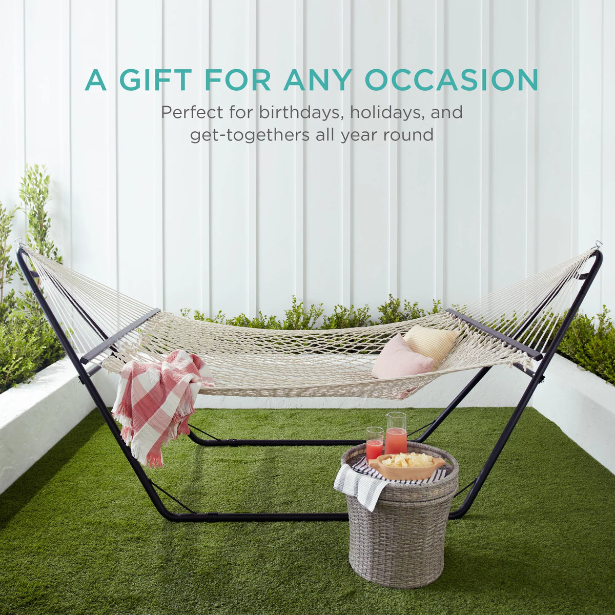 2-Person Woven Cotton Rope Double Hammock with Spreader Bars V2347