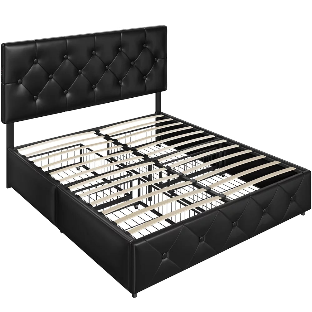 Black Upholstered Queen Bed with 4 Storage Drawers and USB Ports J5350