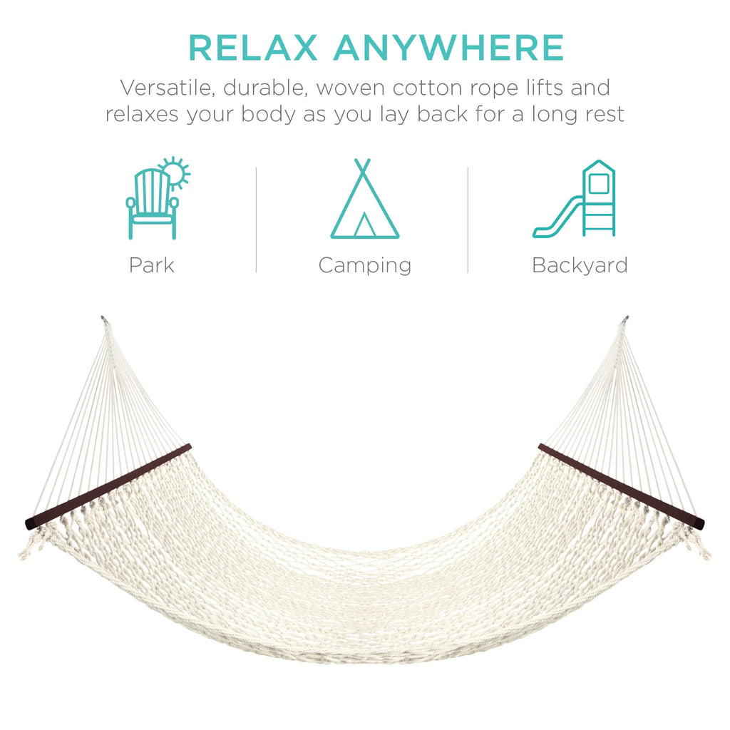 2-Person Woven Cotton Rope Double Hammock with Spreader Bars V2347