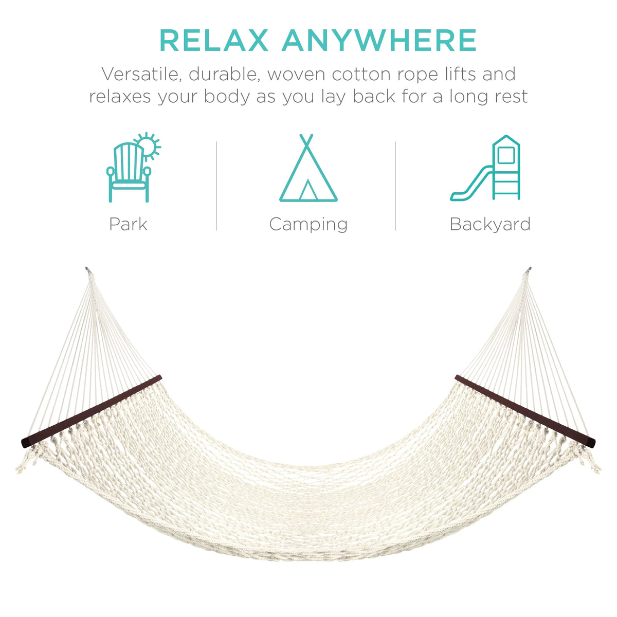 2-Person Woven Cotton Rope Double Hammock with Spreader Bars V2347