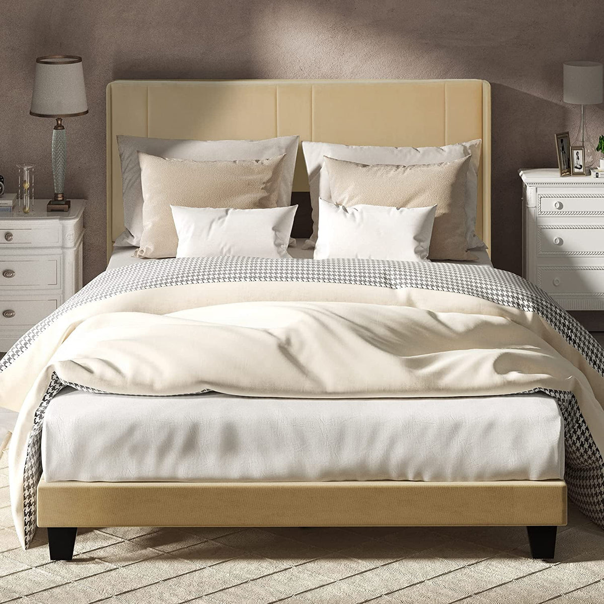 Beige Velvet Upholstered Queen Size Platform Bed Frame E143358