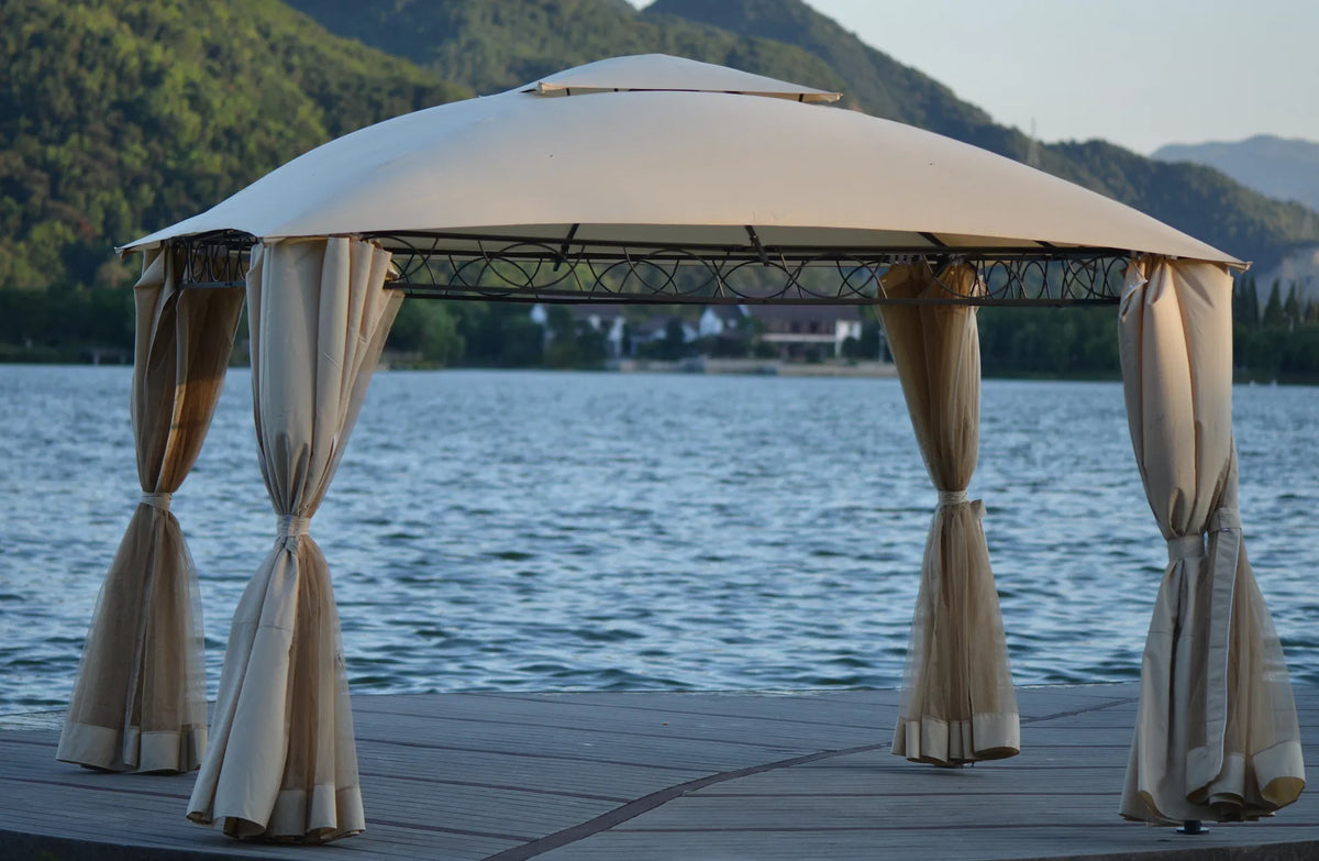 Beige Double Tiered Grill Canopy Gazebo Tent R40683